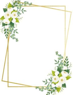 white flowers and green leaves on a gold geometric frame