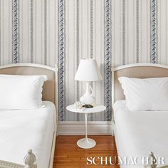 two twin beds with white linens and pillows in front of a wallpapered room