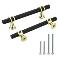 two black and gold door handles with screws