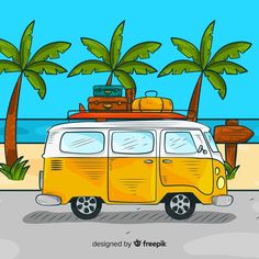 a yellow van with luggage on top is parked in front of the beach and palm trees