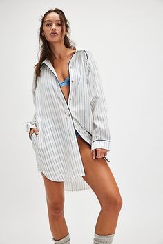 Take it easy in this oversized long-sleeve sleep shirt from We The Free, featured in a PJ-inspired button-down style with a classic pinstripe print and clean piping throughout. **Fit:** Oversized, relaxed **Features:** Cotton-lyocell blend, collared neckline, button-front closure, pinstripe print, piping throughout, rounded hem, logo tag at back **Why We | We The Free Day To Day Sleep Shirt at Free People in White, Size: XS Free Day, Take It Easy, Day To Day, Logo Tag, Sleep Shirt, To Day, Boho Outfits, Piping, Shirt Shop