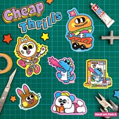 various stickers and scissors on a green background with the words cheap thrifts