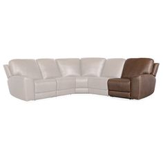 a white and brown leather sectional sofa with two recliners on the back side