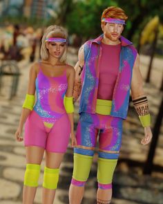 a man and woman are walking down the street in colorful outfits with neon colored socks