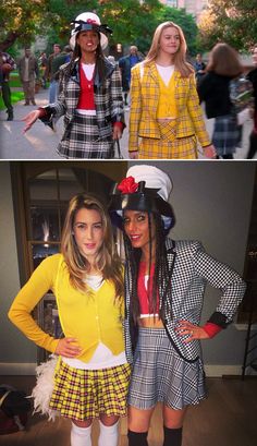 two women dressed up in costumes and one is wearing a yellow jacket, the other has a red shirt