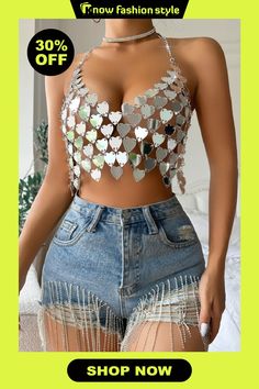 Sexy Patchwork Chains Backless Halter Tops Summer Party Metal Body Chain, Trendy Summer Party Body Chain, Trendy Silver Body Chain For Party, Silver Trendy Body Chain For Party, Silver Body Chain For Summer Night Out, Silver Body Chain For Night Out In Summer, Summer Club Body Chain, Glamorous Summer Party Body Chain, Fitted Body Chain For Club