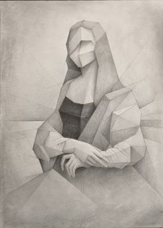 a pencil drawing of a woman's face and hands with geometric shapes in the background