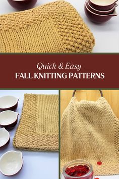 knitted dishcloths and bowls with text overlay that reads quick & easy fall knitting patterns