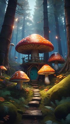 a group of mushrooms sitting on top of a forest next to a green door and steps