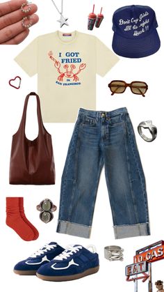 Casual outfit, quirky, comfy, road trip, trendy, silver jewelry, California, funny t shirts, saddle jeans, alohas shoes Quirky Cool Outfits, Road Trip Outfit Ideas Casual, Road Trip Outfit Aesthetic, Cute Quirky Outfits, Comfy Summer Outfits Aesthetic, Road Trip Outfit Summer Casual Comfy, Vinted Outfit, Road Trip Outfit Ideas, Comfy Road Trip Outfit