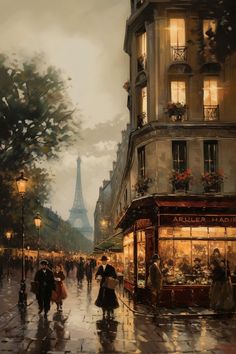 a painting of people walking down the street in front of a building and eiffel tower