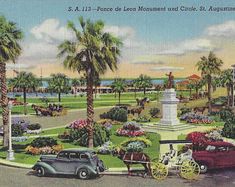 an old postcard shows cars parked in front of a park with palm trees and flowers