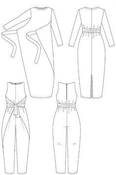 the front, back and side views of a women's jumpsuit with an attached belt