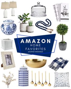 blue and white home decor items with the words amazon on it in front of them