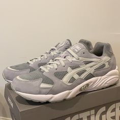 Brand New With Tags Attached And Box Asics Gel-Diablo Men’s Sizes 8, 9.5 And 10.5 Available Gray/White Casual Asics Sneakers With Vented Sides, Casual Gray Asics Sneakers, Neon Running Shoes, Asics Gel Noosa, Asics Gel Lyte Iii, Gel Lyte Iii, Wrestling Shoes, Asics Men, Nike Force