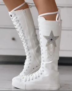 Long Tall Flat Rhinestone Punk Style High Top Lace-up Zipper Boots Knee High Sneakers, Female Boots, Holiday Crafts Gifts, Boot Heels, Purple Sneakers, Canvas Boots, Zipper Boots, Fashion Female, White Boots