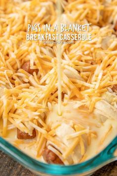 a casserole dish with cheese being poured into it