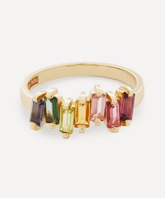 Exemplifying the designer's contemporary approach to traditional jewellery designs, Suzanne Kalan presents this Uneven Rainbow ring - featuring a cluster of the brand's signature baguette cut gems. Baguette Cut Ring, Rainbow Stone, Rainbow Ring, Rainbow Colour, Multi Gemstone Ring, Rainbow Sapphires, Suzanne Kalan, Rainbow Rings, Baguette Ring