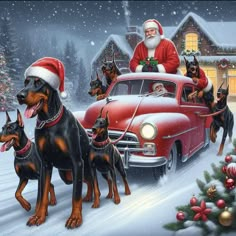 a painting of santa claus and his dogs in front of a red car with christmas decorations