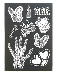 various stickers are shown on a blackboard with white writing and images in the shape of hands