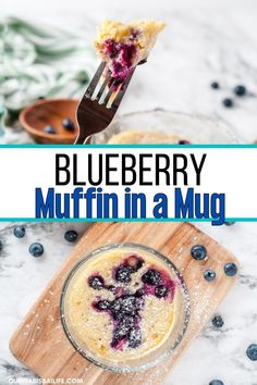 blueberry muffin in a glass bowl on a cutting board with a fork next to it