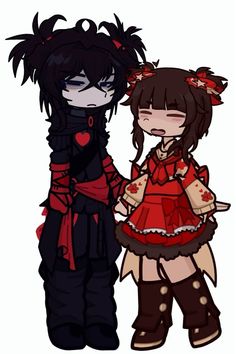 two anime characters with black hair and red clothes, one is holding the other's hand