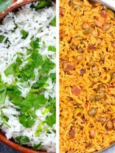 two pictures side by side one has rice and the other has vegetables on top of it