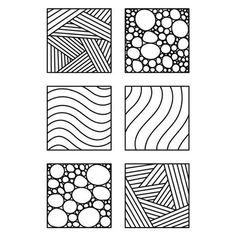 four squares with different shapes and lines on them, each one is drawn in black and white