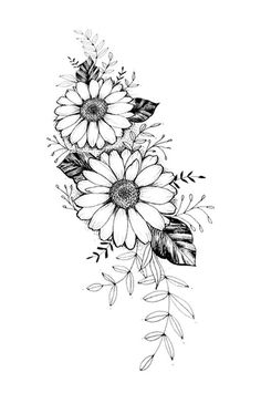 a black and white drawing of flowers with leaves on the bottom half of each flower