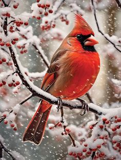 a red bird sitting on top of a tree filled with snow covered branches and berries