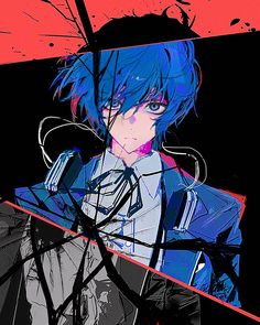 an anime character with blue hair holding a red and black object in front of him