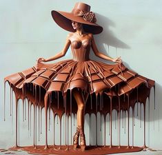 a woman wearing a dress made out of chocolate dripping down the side of a wall