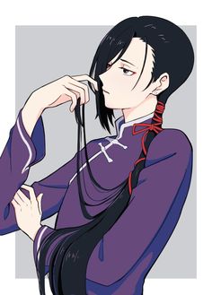 an anime character with long black hair wearing a purple shirt and red ribbon around her neck