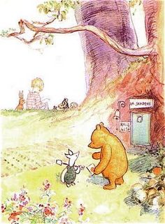 a drawing of a bear and a bee in front of a tree