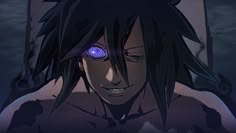 an anime character with blue eyes staring at something in the dark night, while his hair is long and black