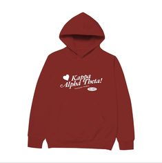 a red hoodie with the words kappi and an apple on it