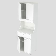 a white bathroom cabinet with two doors and one drawer on the top, in front of a gray background