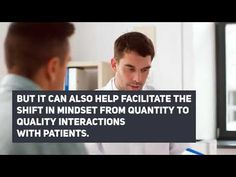 a man is talking to another man in front of a computer screen that says, but it can also help facipate the shift in minds from quality to quality interactions with patients