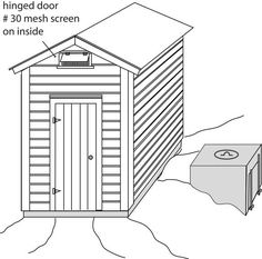 a drawing of a shed with the door open and an opening in it to reveal a screen on inside