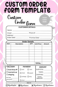 an order form with the text, custom order form for orders and other items on it