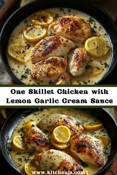 one skillet chicken with lemon garlic cream sauce is shown in two different images, and the second has been cooked