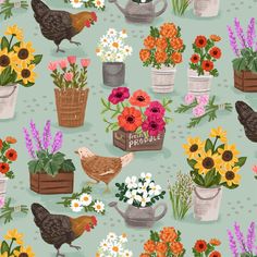 an image of flowers and chickens in pots