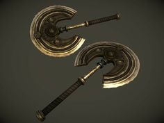 two large metal objects with long handles and short arms, on a dark background in the style of sci - fi