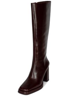 Square-toe platform knee-high boot. Fits true to size Measurements taken from a size 7 3.5" heel, 0.5" platform 14" shaft, 14" leg opening Leather Upper, Fabric / Leather Lining, Synthetic Sole Zipper closure Black Square Toe Boots, Brown Leather Knee High Boots, Jeffrey Campbell Boots, Boot Fits, Brown Heeled Boots, Brown Knee High Boots, Brown Boots Women, Square Toe Boots, Tall Leather Boots