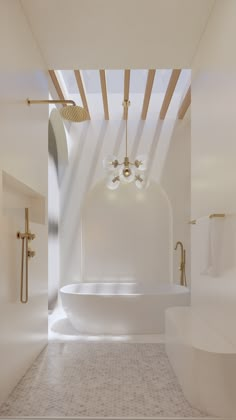 a bathroom with white walls and flooring next to a bathtub in the middle