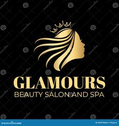 the logo for glamours beauty salon and spa, with a gold crown on top