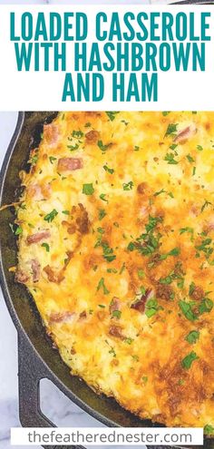 an image of loaded casserole with hashbrown and ham in a cast iron skillet