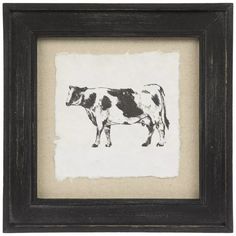 a black and white drawing of a cow in a wooden frame on a beige background