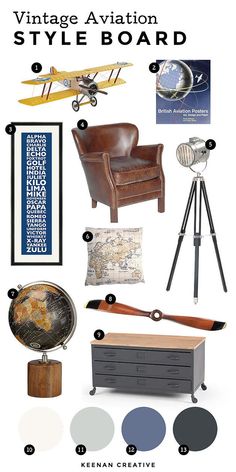 an assortment of furniture and decor items with the words vintage aviation style board