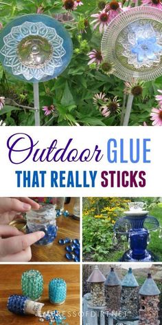 outdoor glue that really sticks out from the ground and in front of some flowers with text overlay